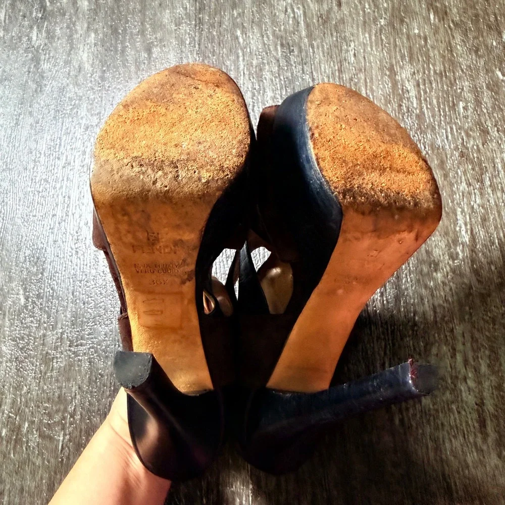 Fendi Platform Heels Womens 36.5 Brown Suede Black Leather Peep Toe Cutout Italy